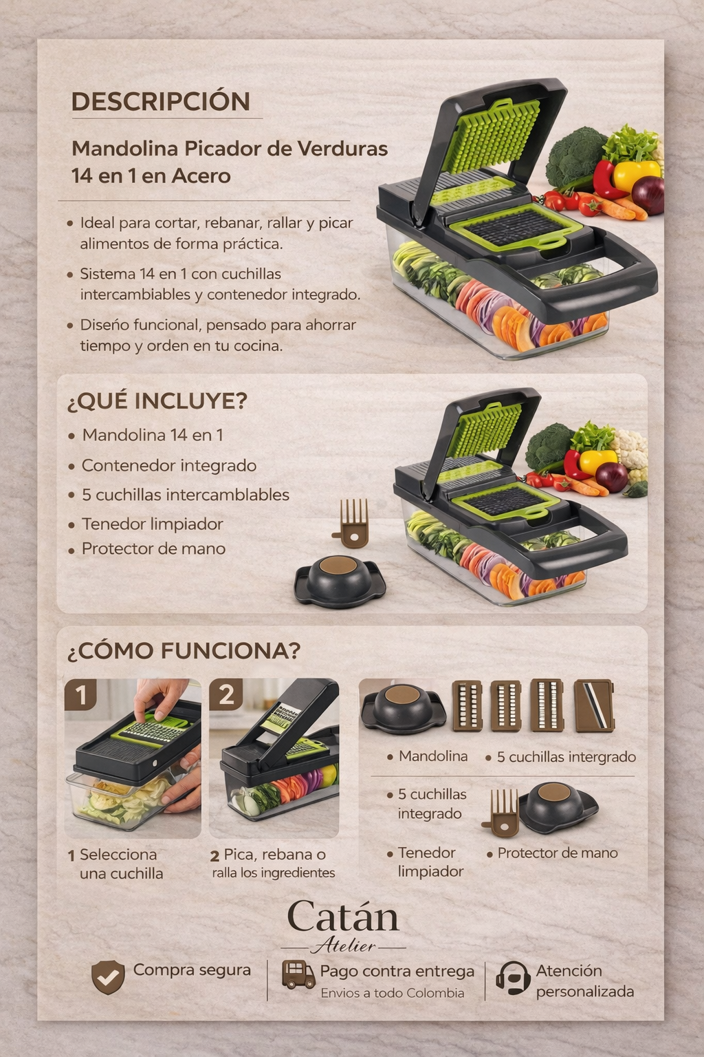 Picador de Verduras Mandolina 14 en 1 en Acero