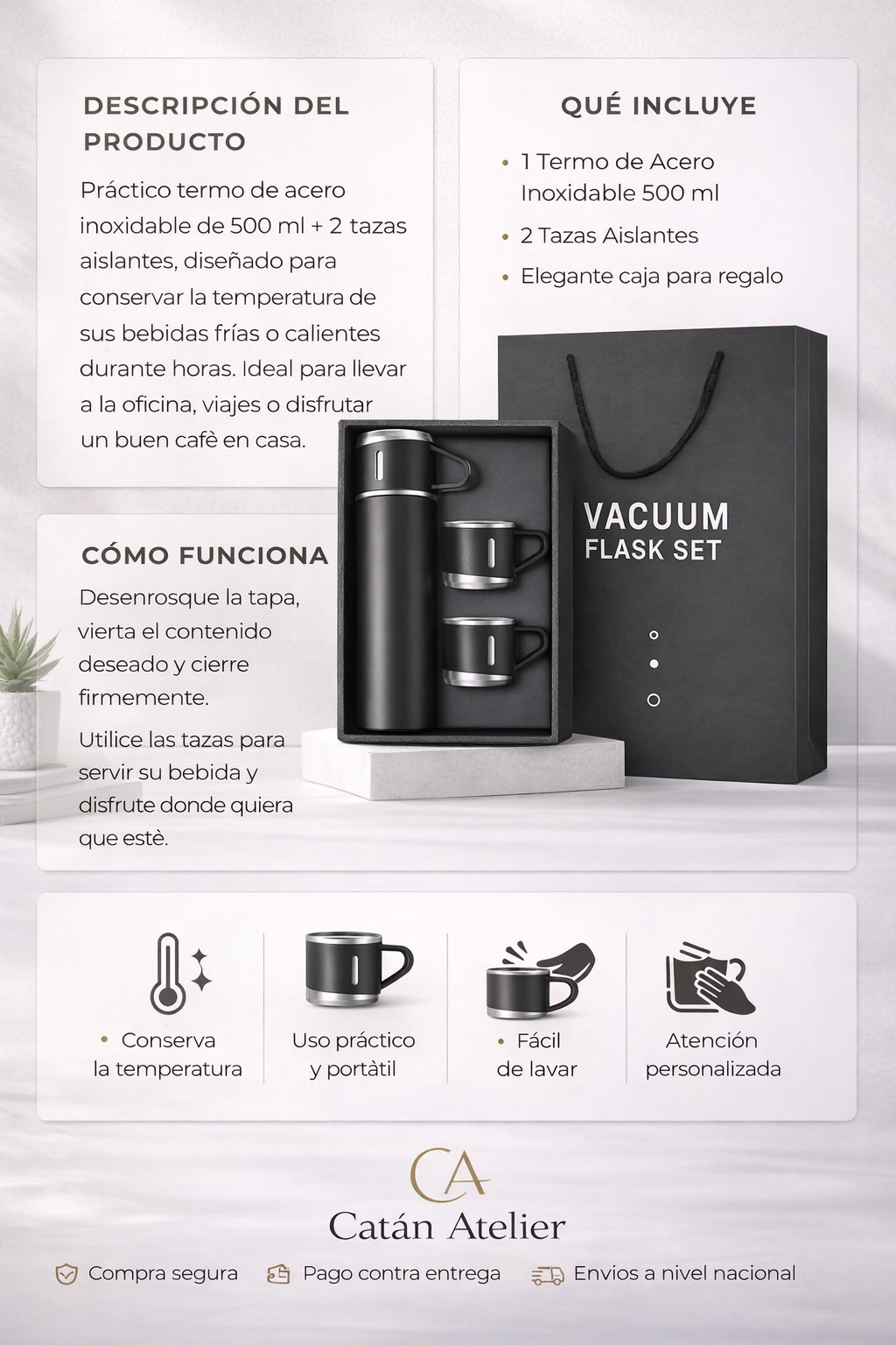 Termo de Acero Inoxidable 500 ml + 2 Tazas Aislantes