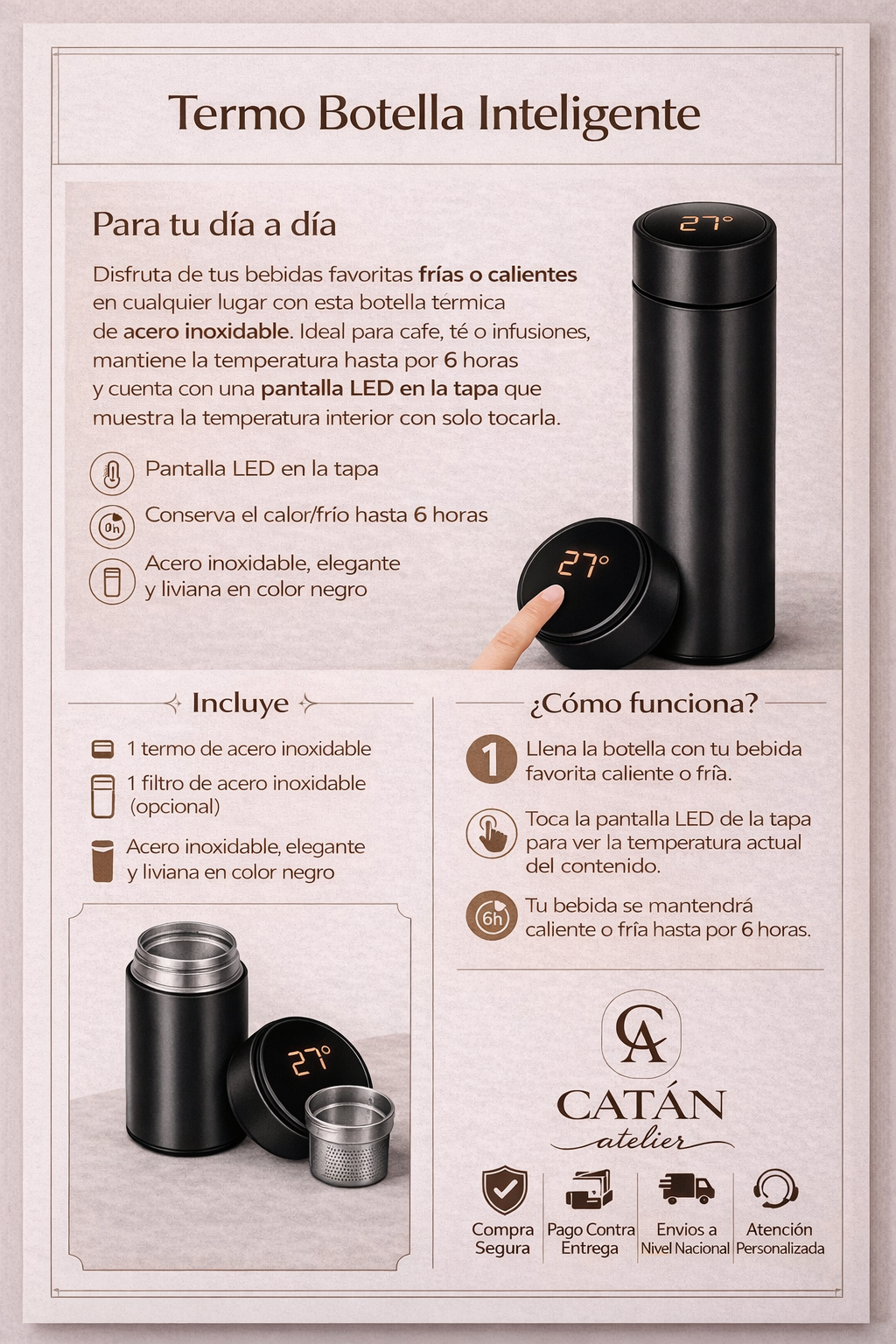 Termo Botella Inteligente con Pantalla LED y Filtro para Té