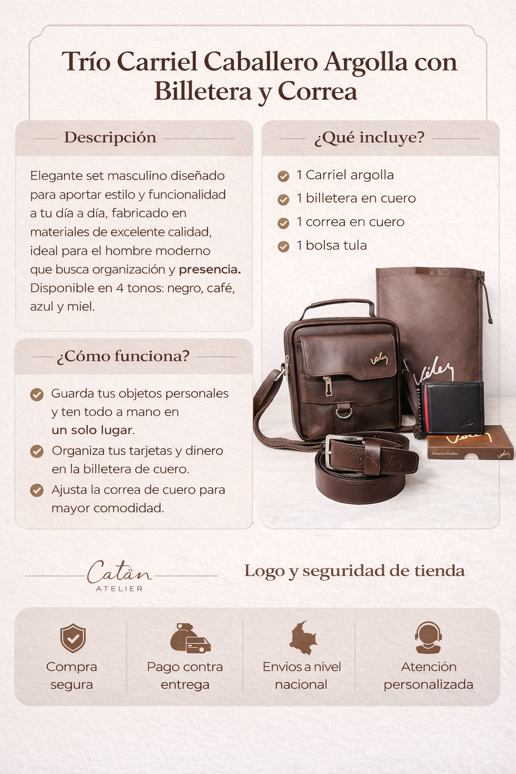 Trío Carriel Caballero Argolla con Billetera, Correa.