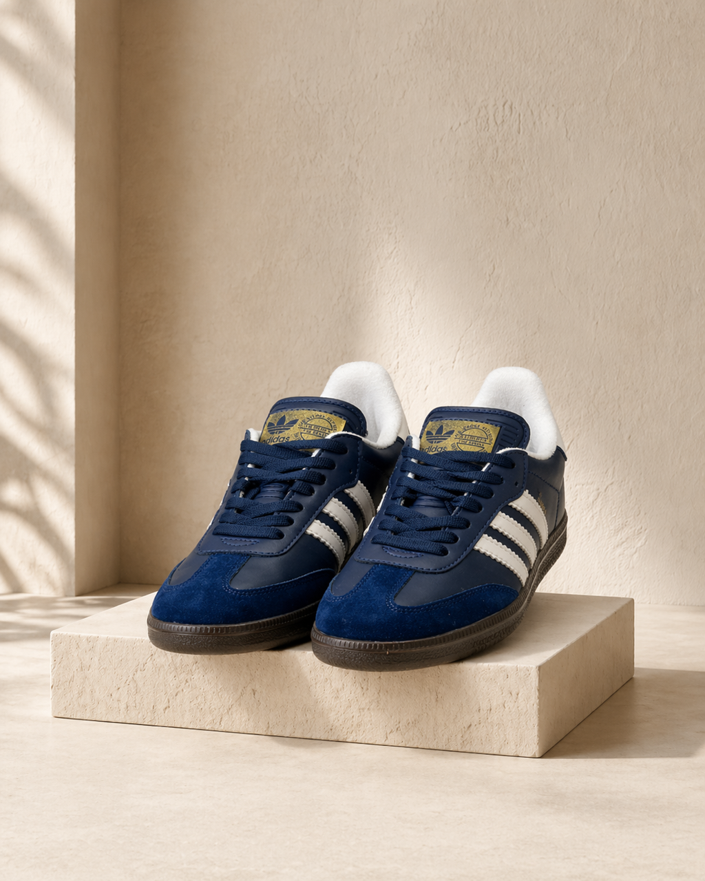 Tenis Samba ADI Azul Oscuro Línea Beige con Cordones Azules